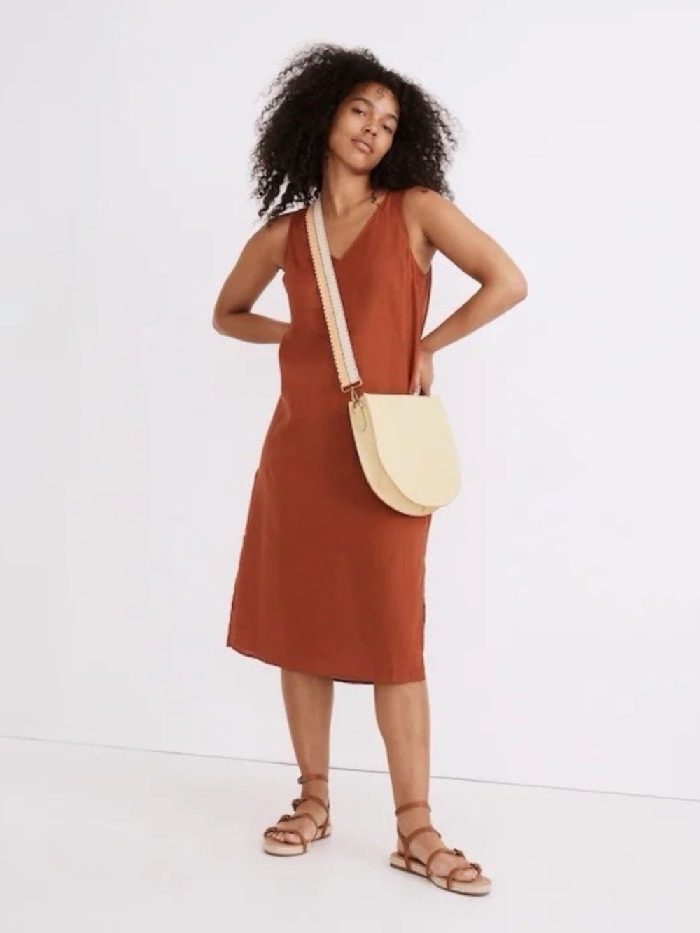 Madewell Linen Blend V Neck Midi Tank Dress Burnt Orange XS AO274